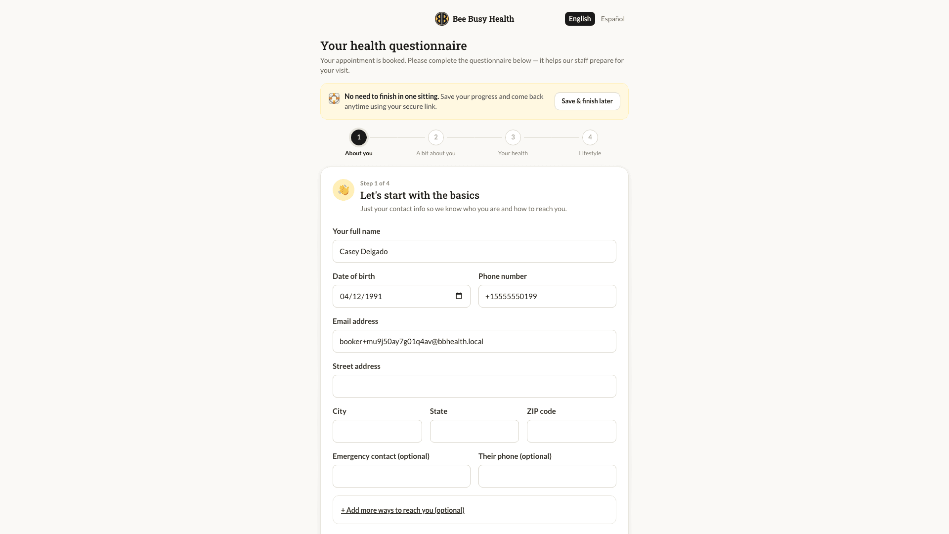 Health questionnaire, step one of four