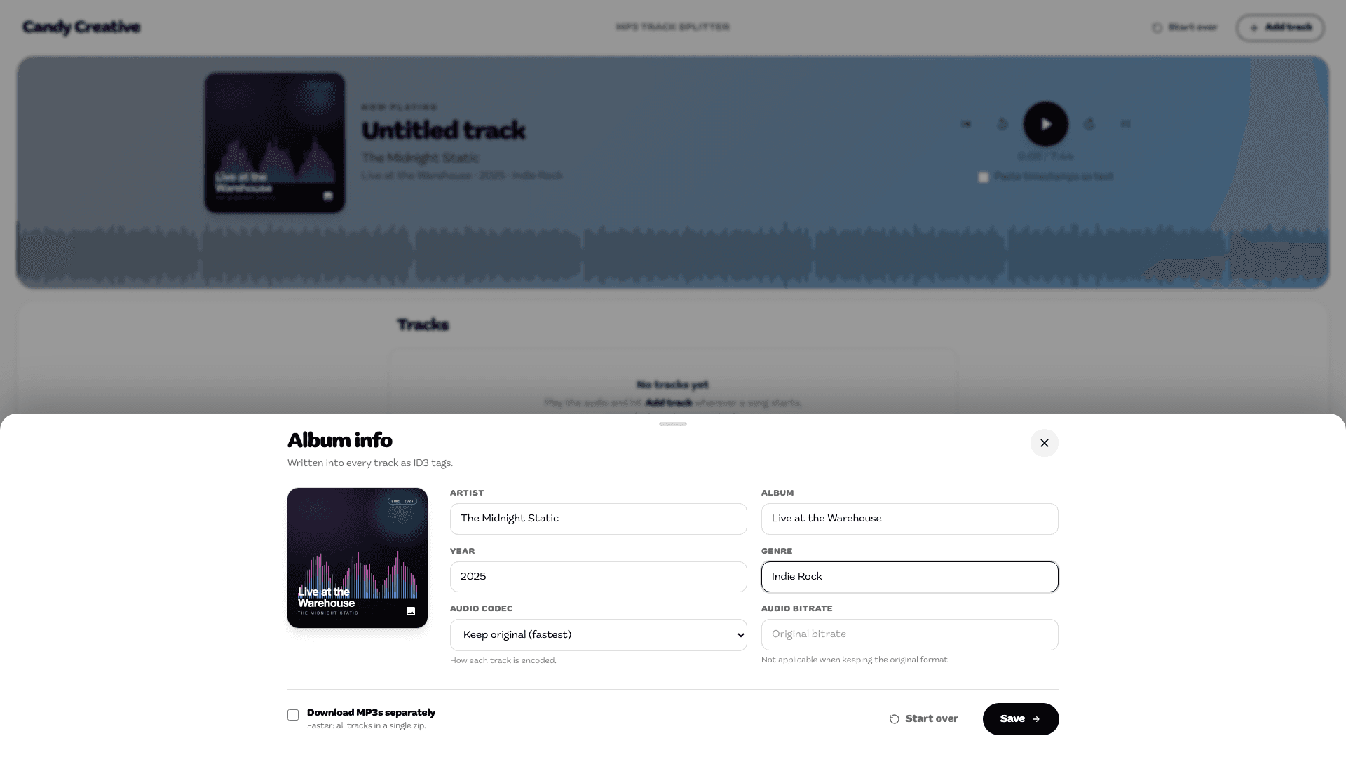 Album info drawer with cover art and codec