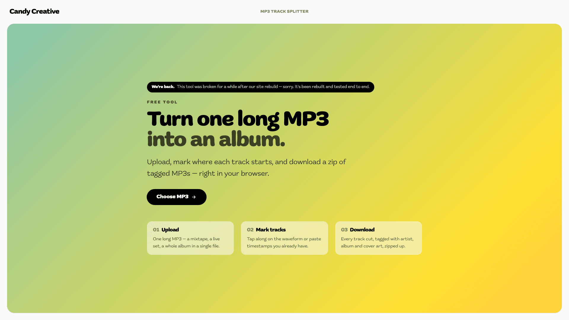 MP3 Track Splitter landing screen
